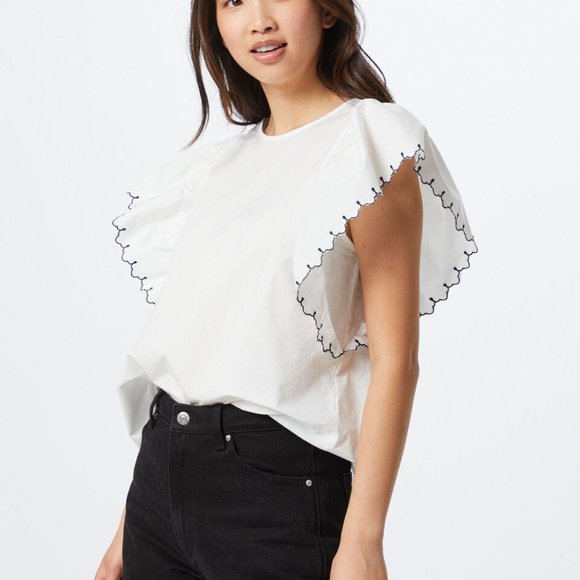 AWARE By Vera Moda Snow White/Contrast Butterfly Scallop S/S Blouse Size Small - Picture 2 of 3